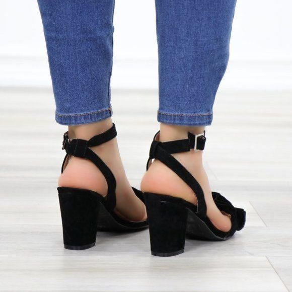 Suede Black Chunky Heel Open Ruffle Toe Sandal - Picture 5 of 8